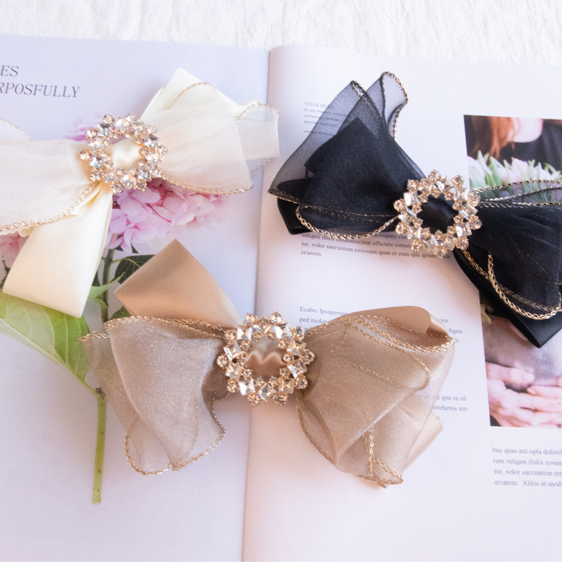 韩国ins风镶钻蝴蝶结发夹盘发弹簧夹一字夹时尚高级感气质发饰