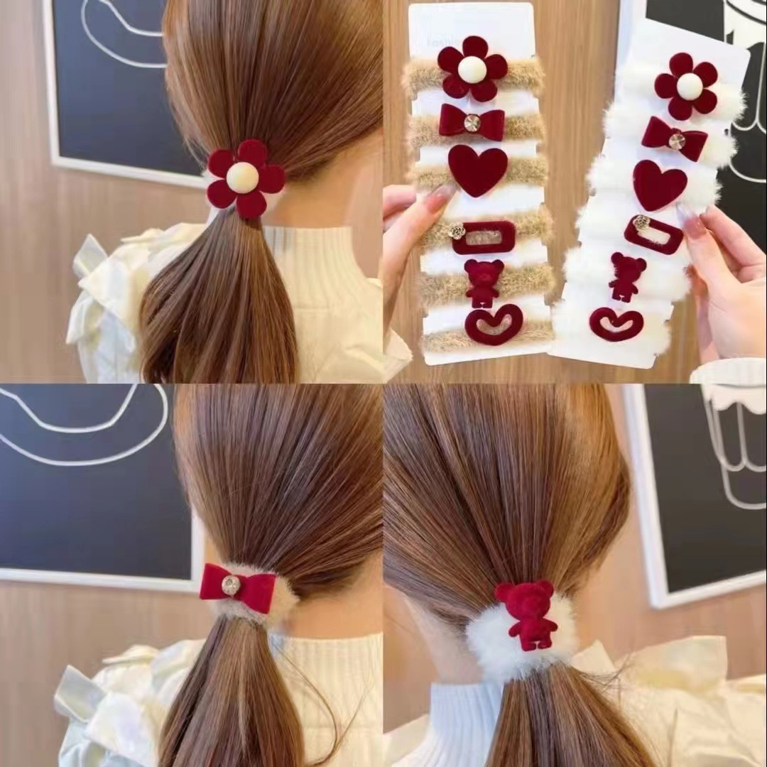 ins 毛毛头绳新年红色发饰 毛绒发绳 秋冬高弹力皮筋圣诞复古头饰