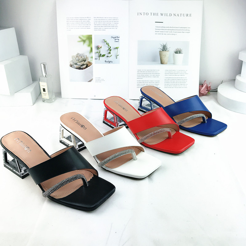 2022夏季女凉拖水晶跟女士拖鞋纯色大码定制方头水钻女鞋shoes图
