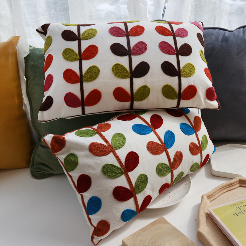 Leaf, plant, flower and embroidered cushion 30*50 waist pillowcase, fashionable and fresh geometric cushion bag, country-style pillowcase details Picture