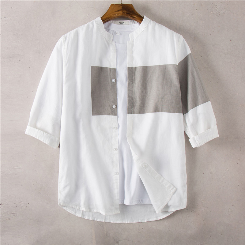 Japanese collared cotton and linen shirt, men's Fashion trend, seven-cent sleeve, linen shirt with seven-cent sleeve, Korean version
