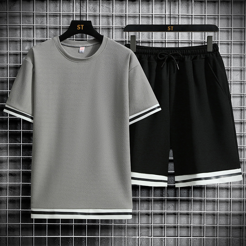 Summer 2021 Korean version of men's short sleeve casual suit Men's shirt T-shirt half sleeve trousers sport suit 1 generation hair
