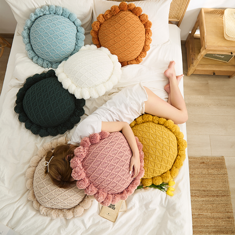 The sofa features a large round backrest, a Nordic living room sunflower cushion pillow, an Instagram popular bay window pillow, and a round headboard details Picture
