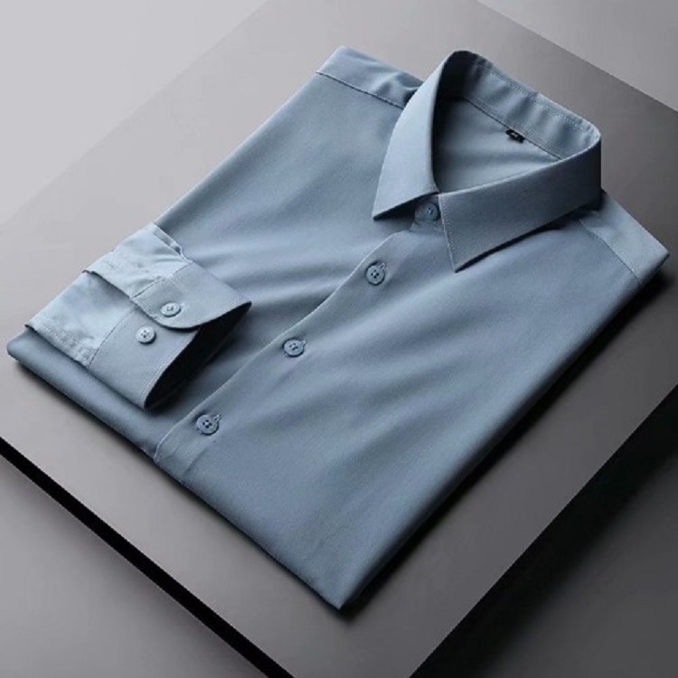 Spring and fall non-ironing mercerized shirt Men's long sleeve casual slim jacket blue and white light business lining
