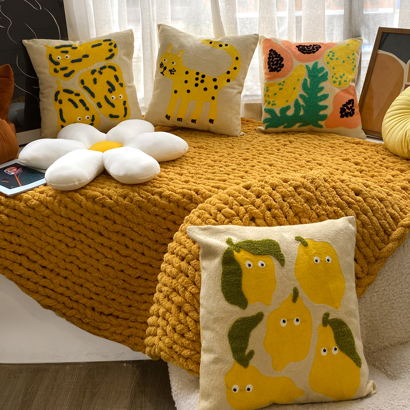All-cotton embroidered cartoon fruit throw pillow, living room sofa pillow, children's cute bedside cushion, heart-free bay window cushion details Picture