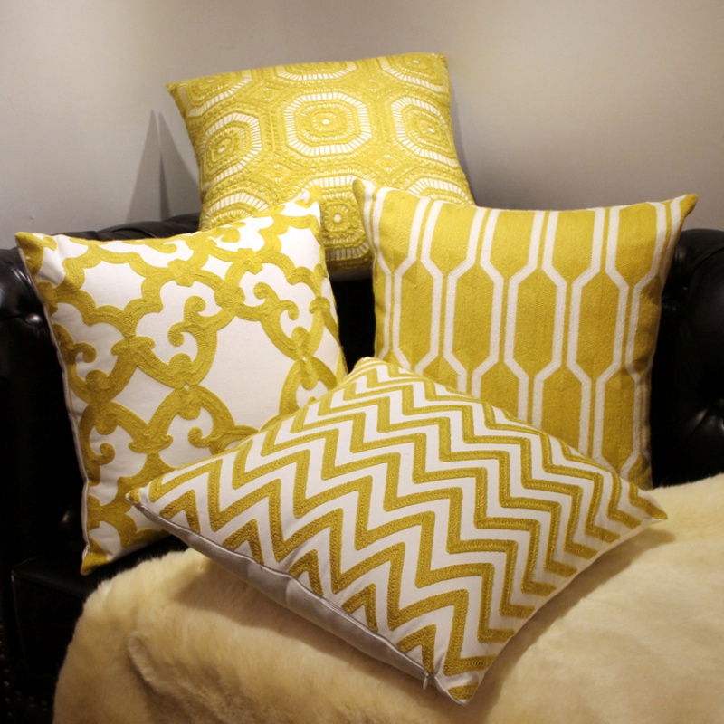 Nordic minimalist geometric embroidered flower all-cotton yellow pillowcase cushion waist support living room combination sofa pillow bay window cushion details Picture