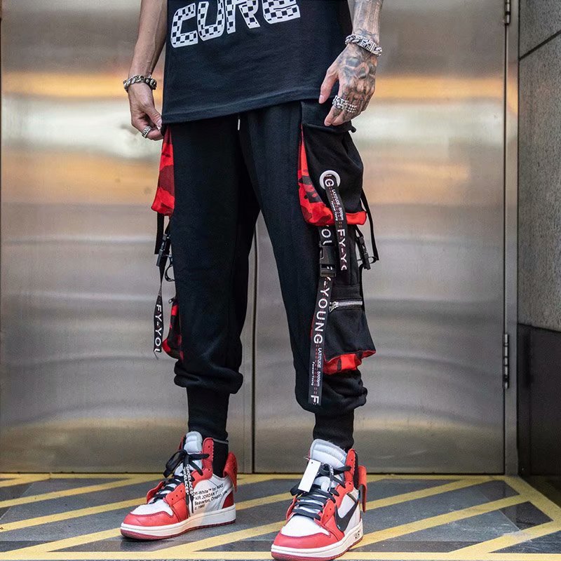 Autumn and winter national trend functional style workwear pants, tight-fitting high street ribbon pants, men's versatile dark style paratrooper Harun pants