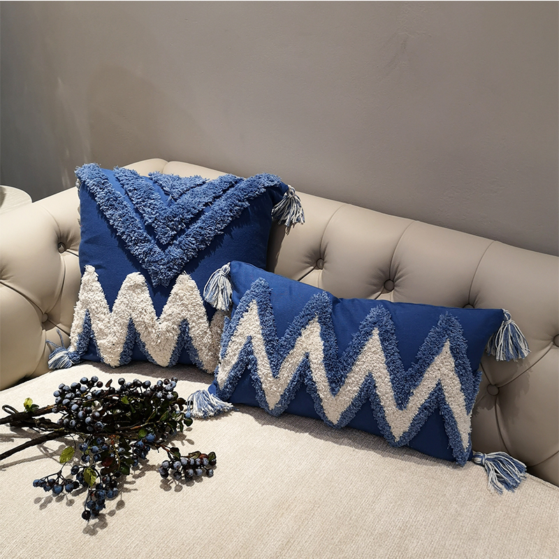 American tassel embroidery cushion cover, Mediterranean home pillowcase, office living room sofa, model room throw pillow, all-cotton lumbar pillow