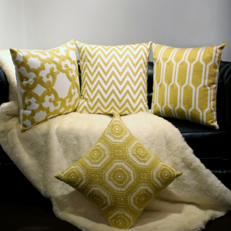 Nordic minimalist geometric embroidered flower all-cotton yellow pillowcase cushion waist support living room combination sofa pillow bay window cushion