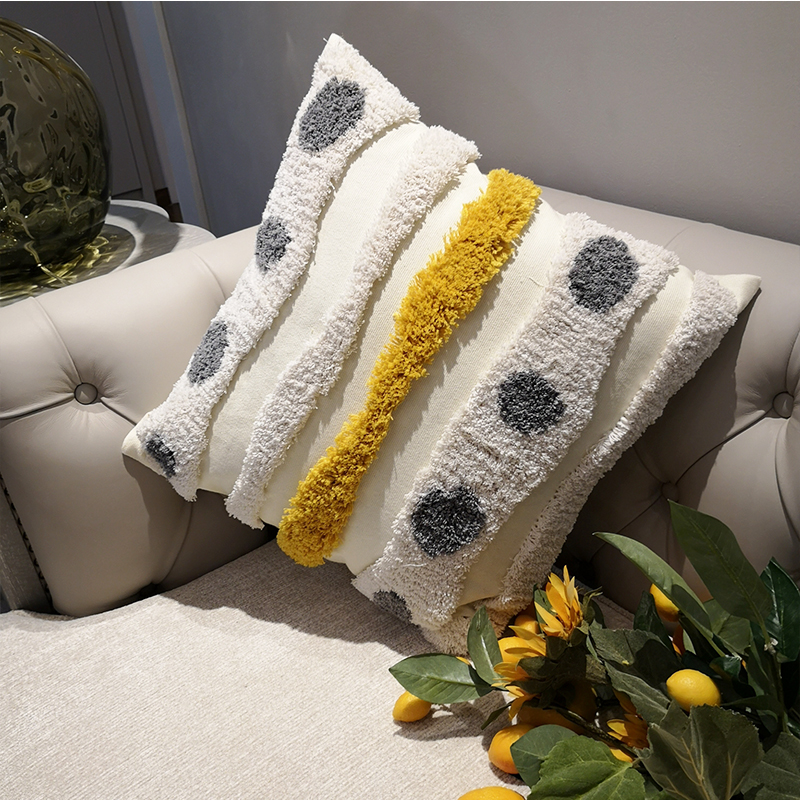 Yellow Nornordic style hand-embroidered cushion cover, simple European style cushion, ethnic style exotic pure cotton throw pillow, creative bay window cushion details Picture