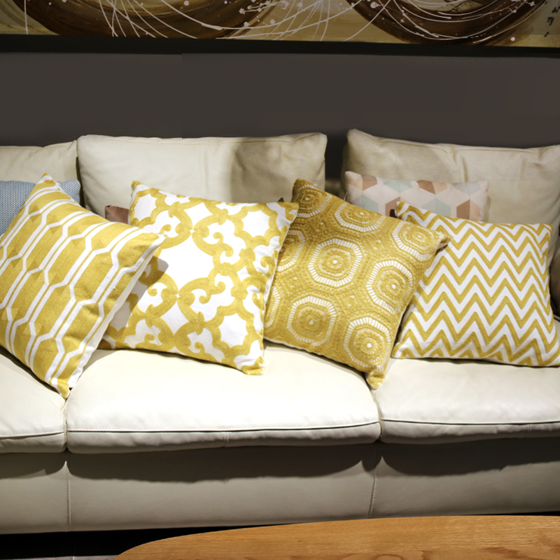 Nordic minimalist geometric embroidered flower all-cotton yellow pillowcase cushion waist support living room combination sofa pillow bay window cushion Application Scenario