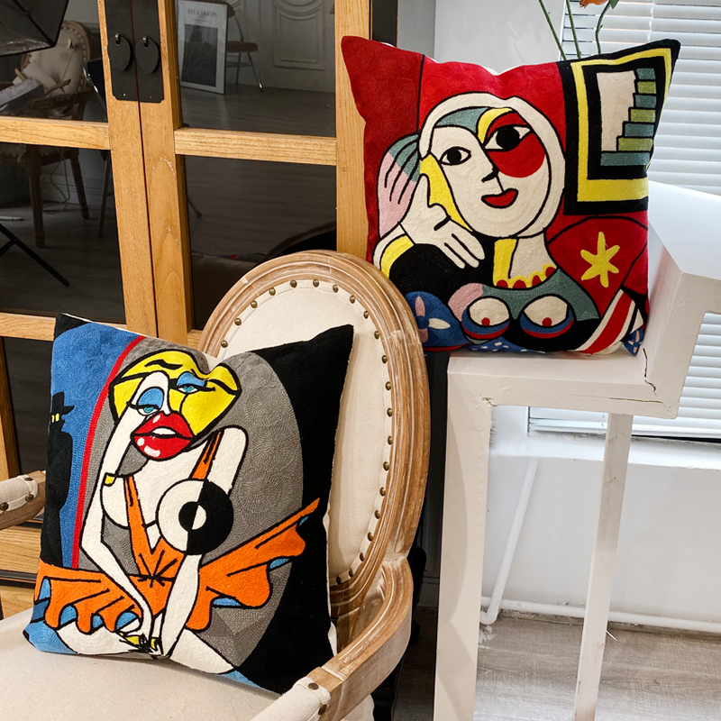 American cartoon Picasso embroidered throw pillow sofa cushion cover, headboard large backrest lumbar support, nap office throw cover American cartoon Picasso embroidered throw pillow sofa cushion cover, headboard large backrest lumbar support, nap office throw cover