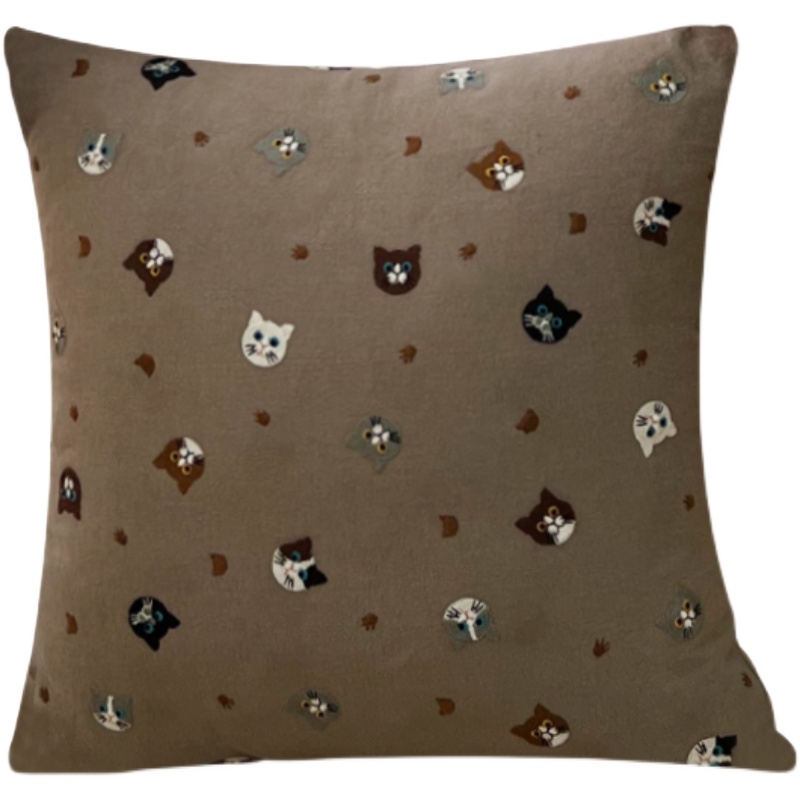 Cute cotton and linen little cat embroidered throw pillows, cute and fun home sofa decoration cushions, children's room bedding, bay window cushions Item Picture