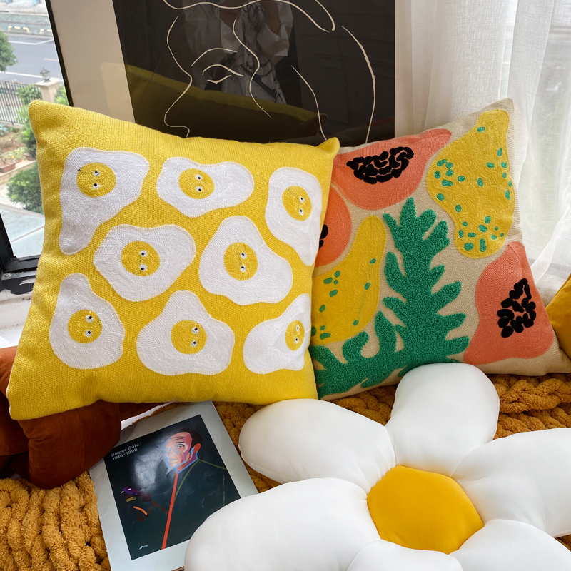 All-cotton embroidered cartoon fruit throw pillow, living room sofa pillow, children's cute bedside cushion, heart-free bay window cushion