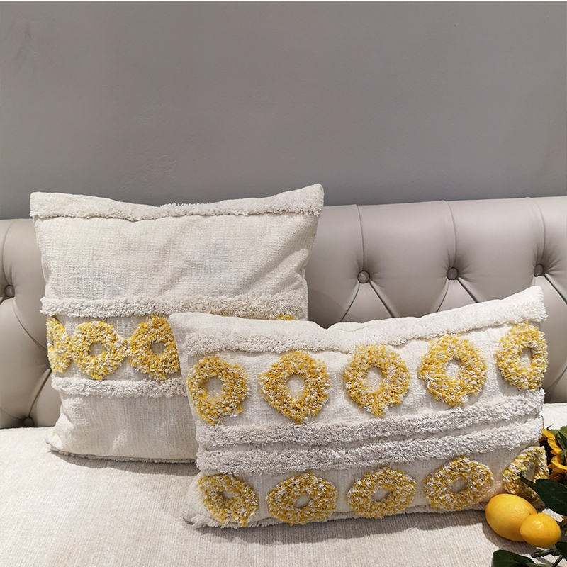 Yellow Nornordic style hand-embroidered cushion cover, simple European style cushion, ethnic style exotic pure cotton throw pillow, creative bay window cushion Specification image