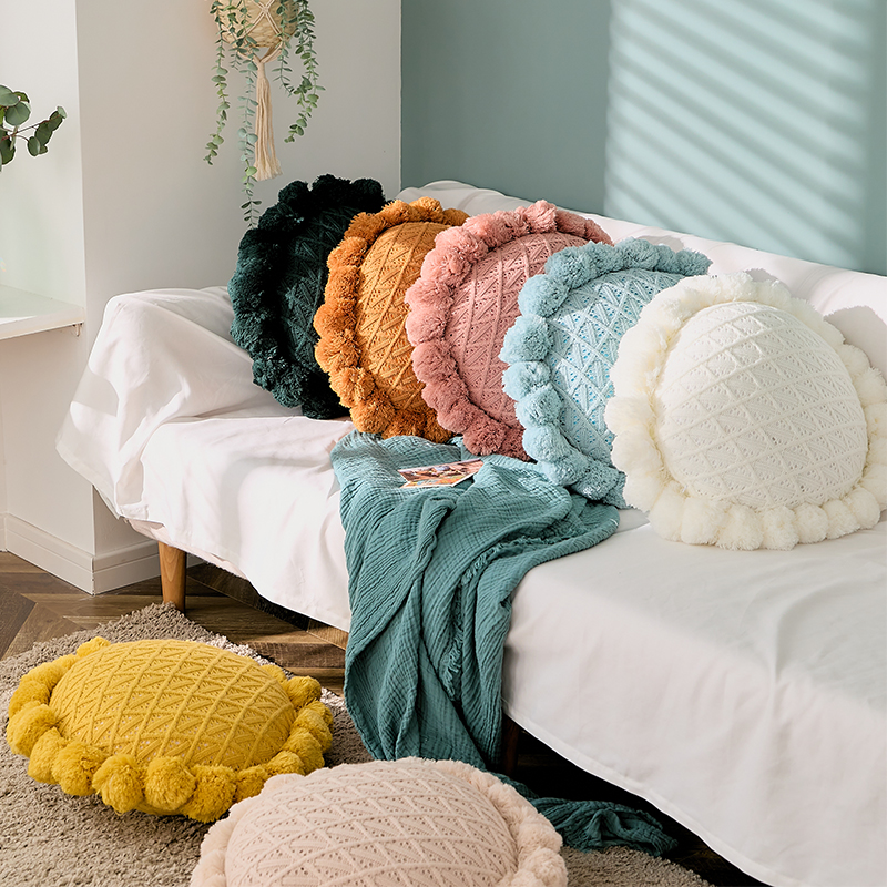 The sofa features a large round backrest, a Nordic living room sunflower cushion pillow, an Instagram popular bay window pillow, and a round headboard Specification image