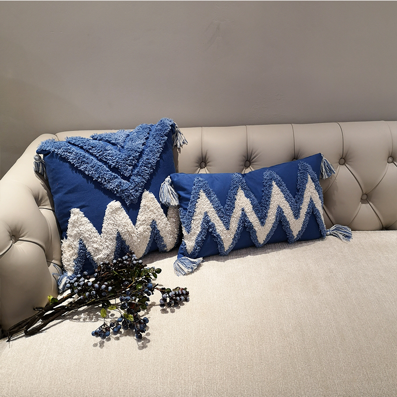 American tassel embroidery cushion cover, Mediterranean home pillowcase, office living room sofa, model room throw pillow, all-cotton lumbar pillow details Picture