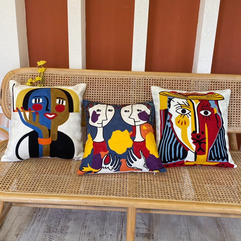 American-style embroidered pillow sofa backrest, creative and personalized 45x45 retro thickened cotton and linen pillow cover details Picture