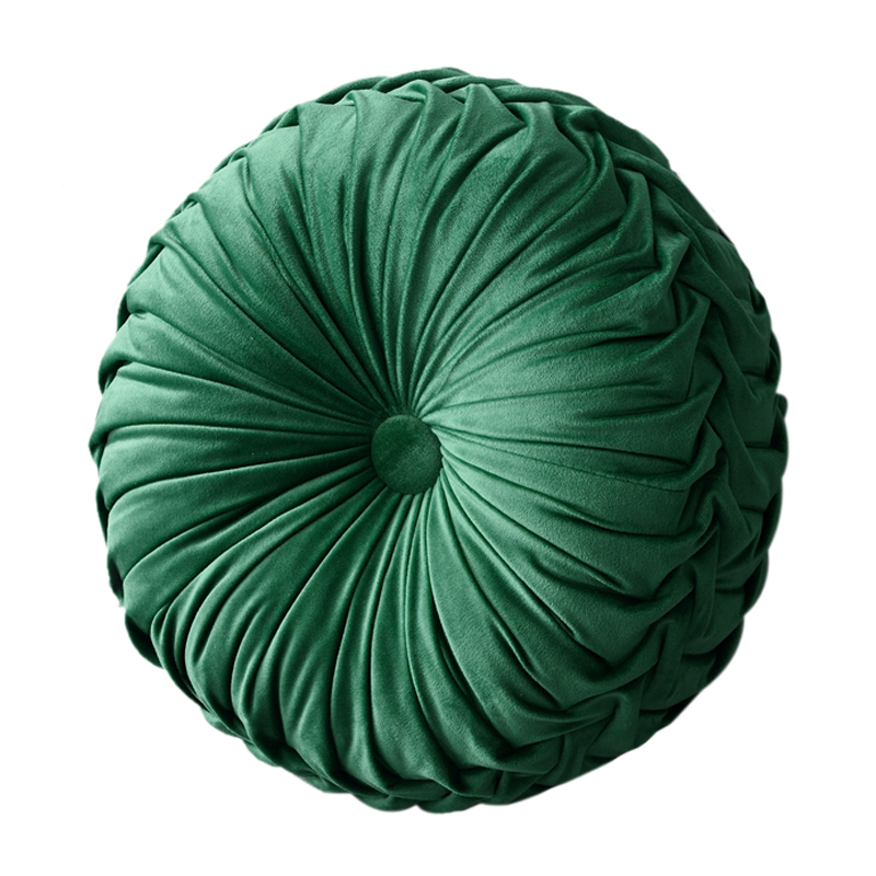 European-style light luxury round cushion, solid color, pure handcrafted pleated cushion, feather silk cotton pillow core, soft decoration, bedside throw pillow Item Picture