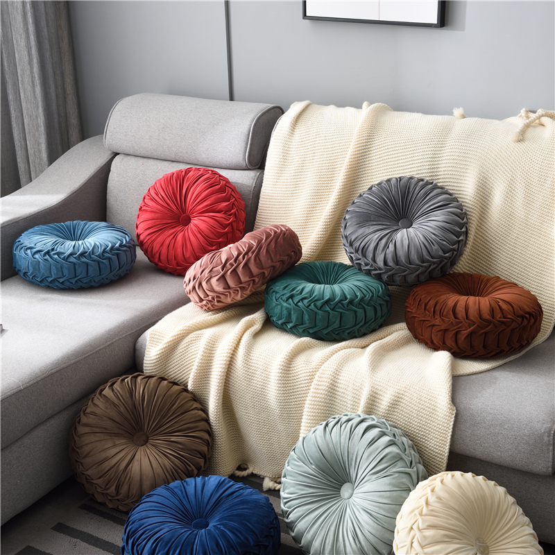European-style light luxury round cushion, solid color, pure handcrafted pleated cushion, feather silk cotton pillow core, soft decoration, bedside throw pillow Specification image