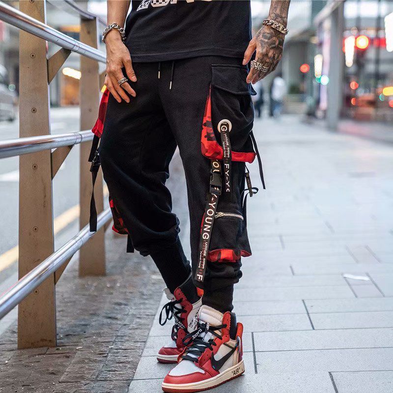 Autumn and winter national trend functional style workwear pants, tight-fitting high street ribbon pants, men's versatile dark style paratrooper Harun pants details Picture