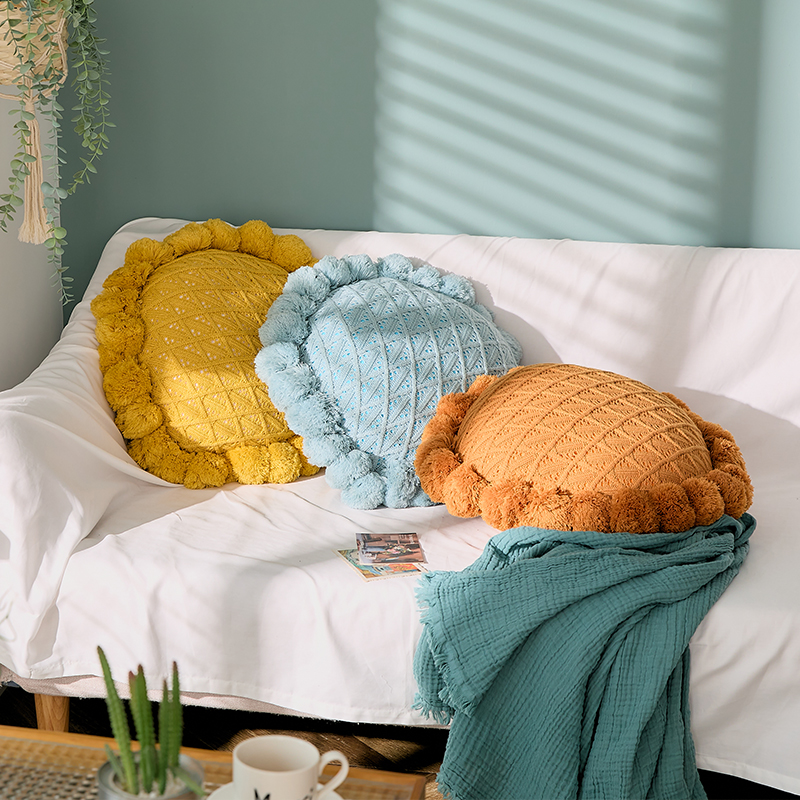 The sofa features a large round backrest, a Nordic living room sunflower cushion pillow, an Instagram popular bay window pillow, and a round headboard