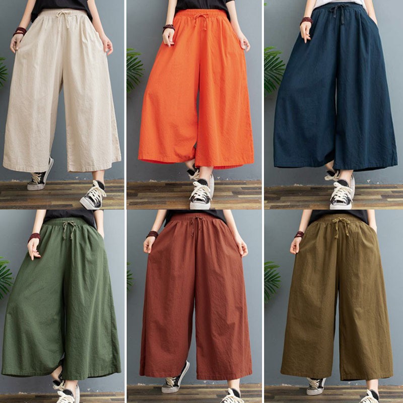 Wide-leg women's summer cotton and linen breathable loose large size 2022 style, self-produced by the manufacturer, large quantity now dispatched for export, single eight-inch pants Specification image