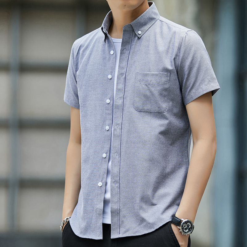 2021夏季男士韩版修身牛津纺短袖衬衫 新款男士青年休闲纯色衬衣