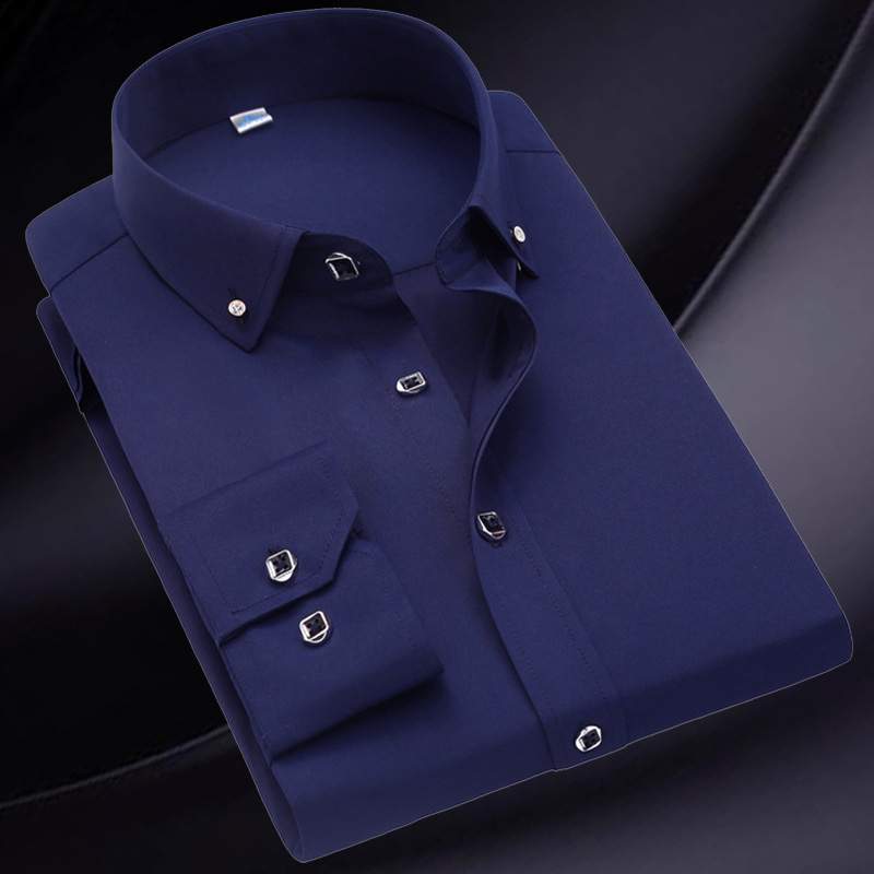 2021 New Korean-style slim-fit men's long-sleeved shirt, a solid color men's casual shirt with diamond buttons for middle-aged and young people details Picture