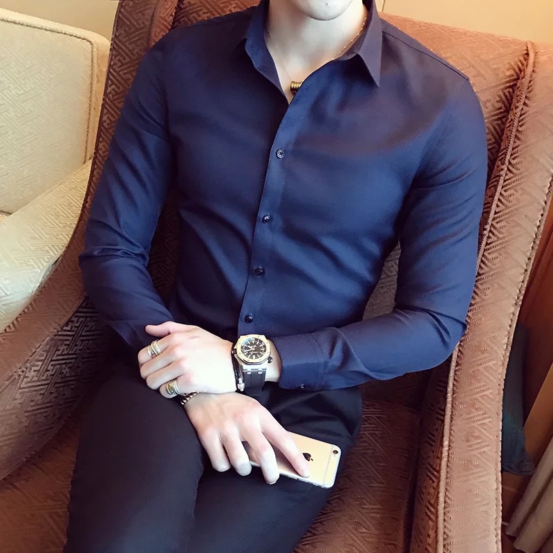 新款男士长袖衬衫 韩版修身男式商务衬衫 时尚潮流纯色衬衣工装