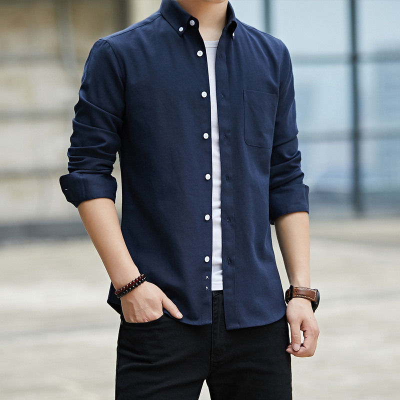 2021 New Oxford long-sleeved shirt for men, Korean-style slim solid color casual men's wear Specification image