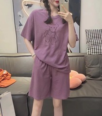 Waffle red cartoon bear embroidery home set women short-sleeved pajamas can be worn outside the thin home suit set women