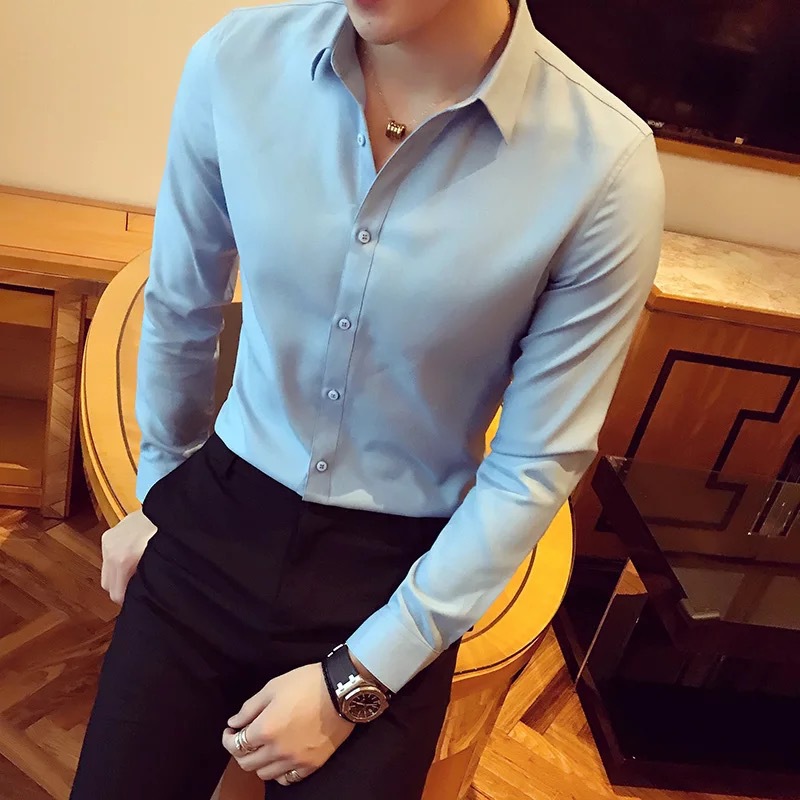新款男士长袖衬衫 韩版修身男式商务衬衫 时尚潮流纯色衬衣工装