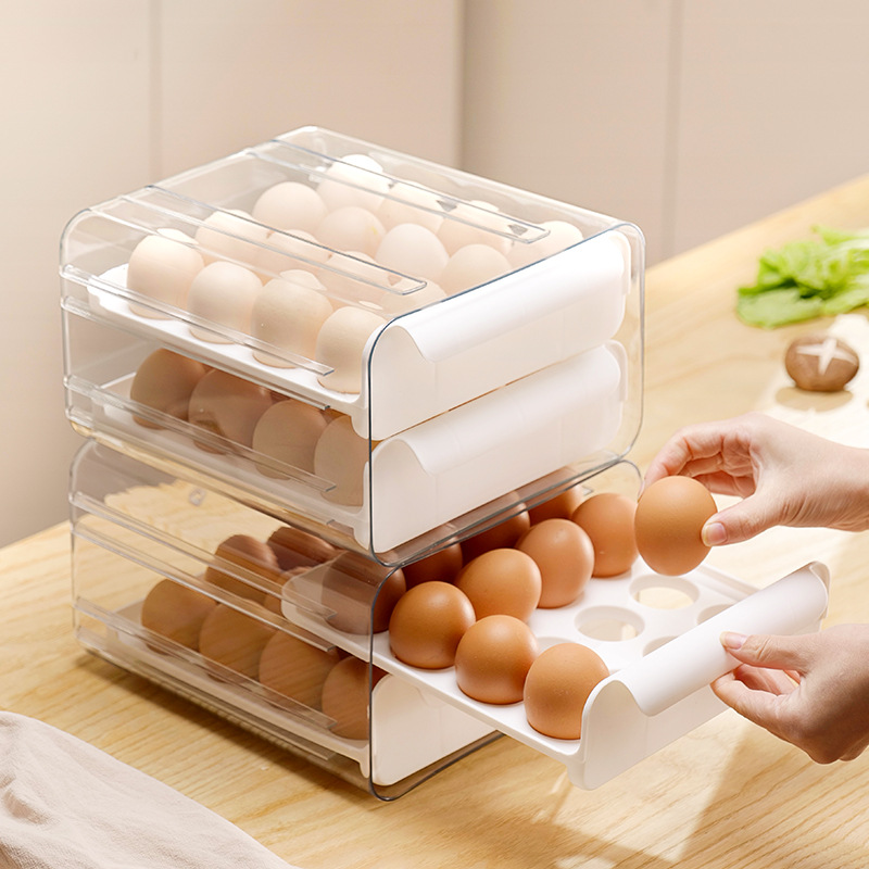 冰箱鸡蛋收纳盒抽屉式透明食品级鸡蛋盒家用双层蛋托厨房保鲜盒