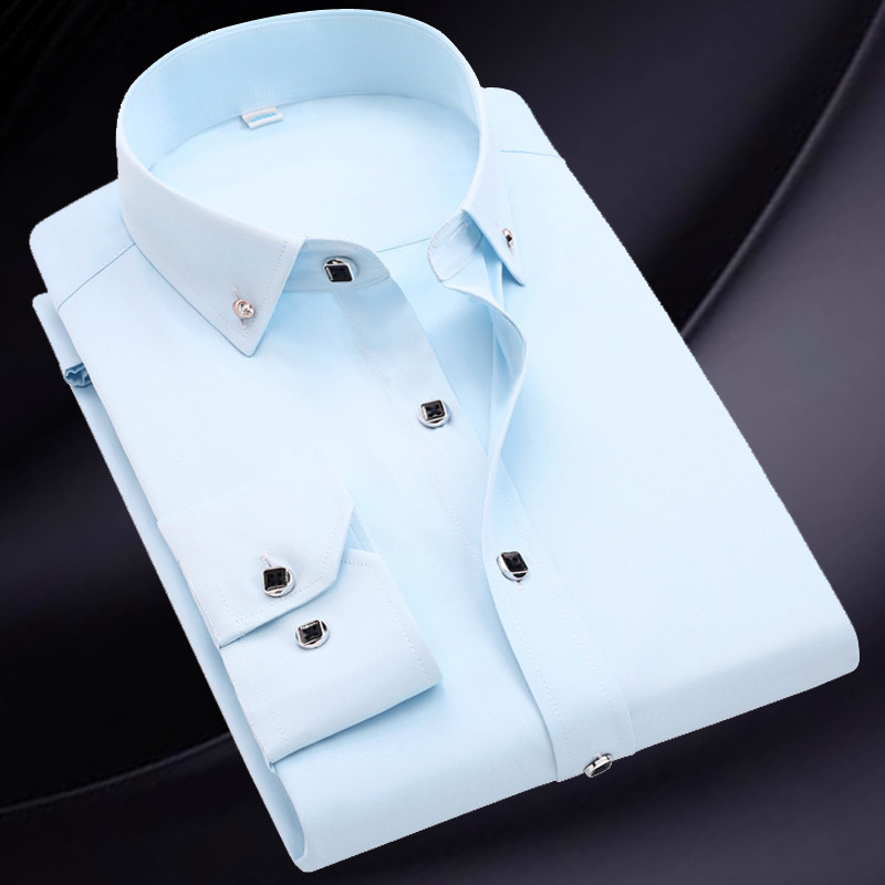 2021 New Korean-style slim-fit men's long-sleeved shirt, a solid color men's casual shirt with diamond buttons for middle-aged and young people Application Scenario