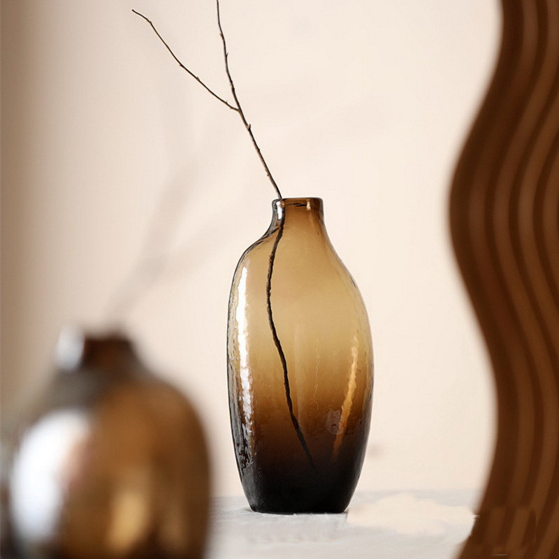日式禅意锤纹玻璃花瓶不规则几何小口一枝花器客厅插花家居摆件图