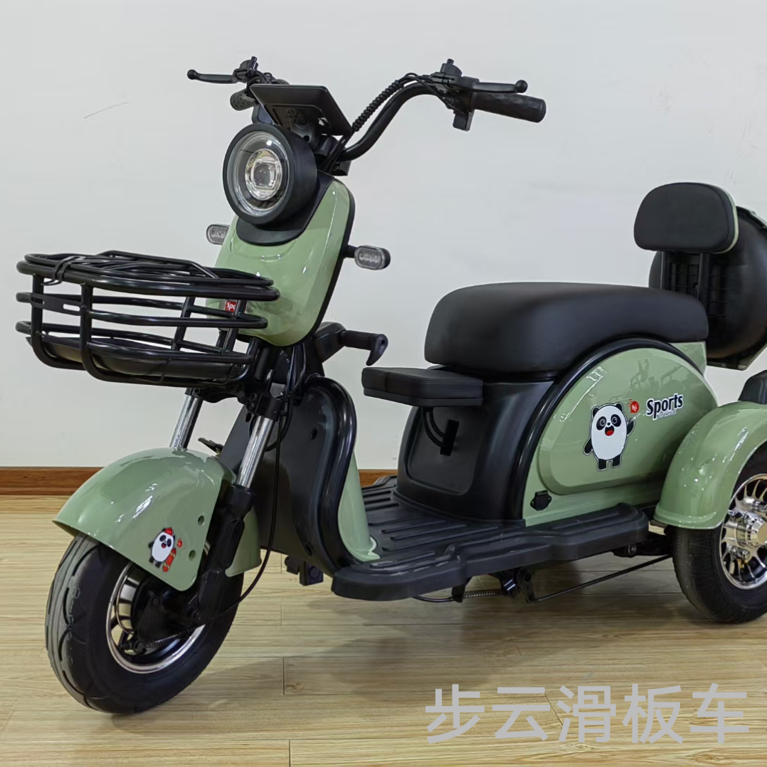 The new model of Buyun electric tricycle with mother and child seats and a cartoon pattern of a vegetable basket in the trunk details Picture