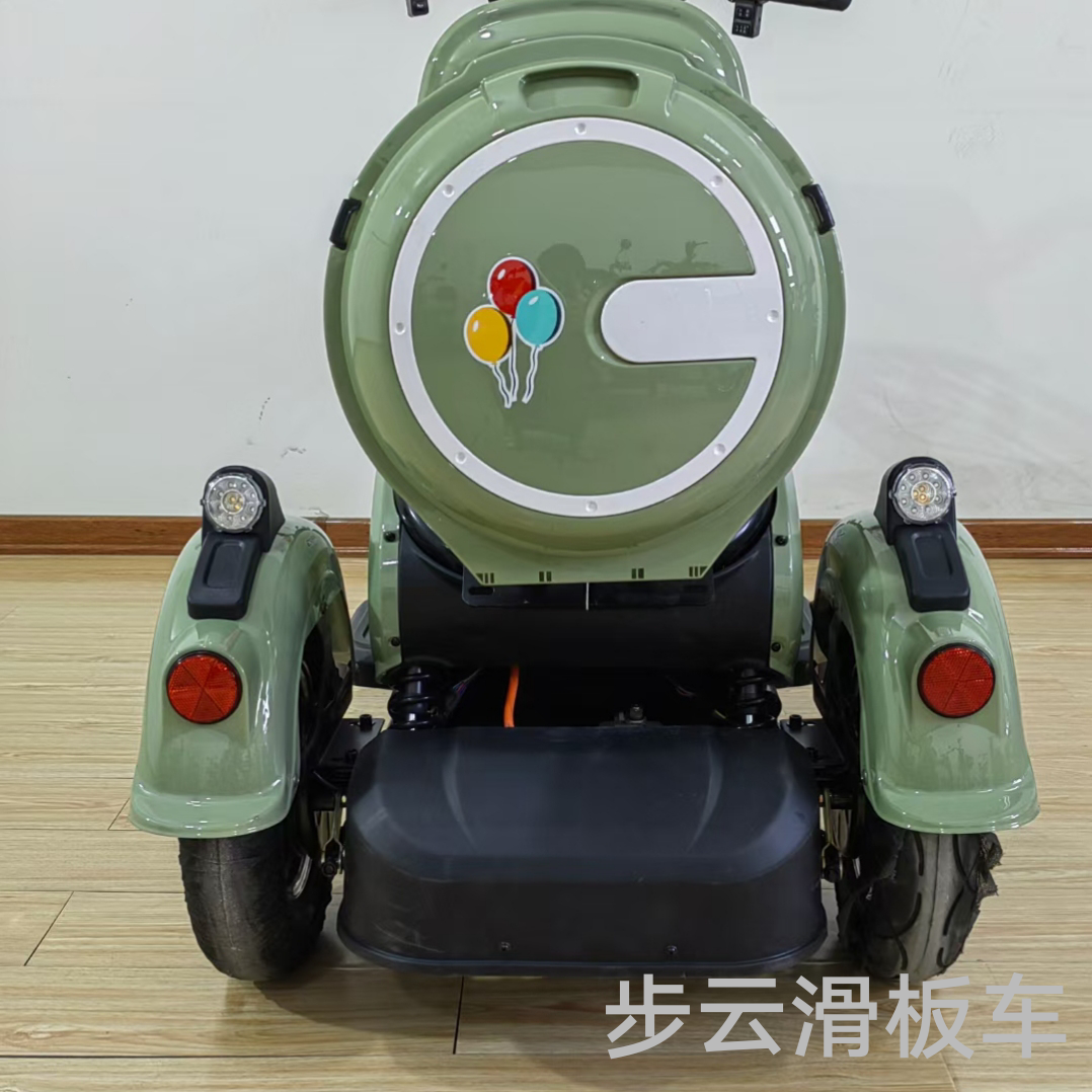 The new model of Buyun electric tricycle with mother and child seats and a cartoon pattern of a vegetable basket in the trunk Specification image