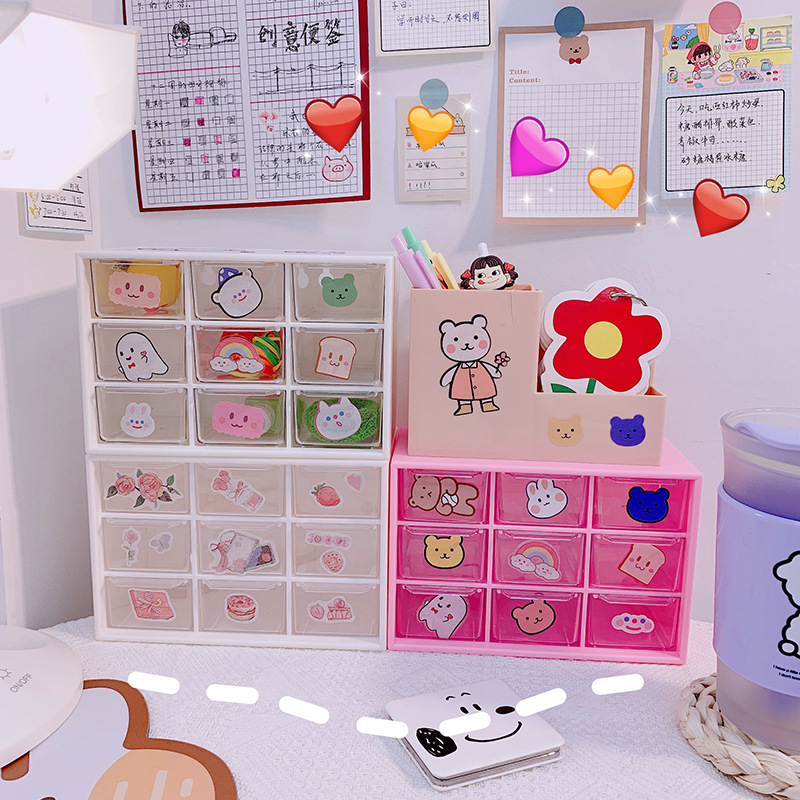 ins Girl 9-grid dust-proof drawer storage box, desktop stationery and jewelry organization box, planner and cosmetics storage details Picture