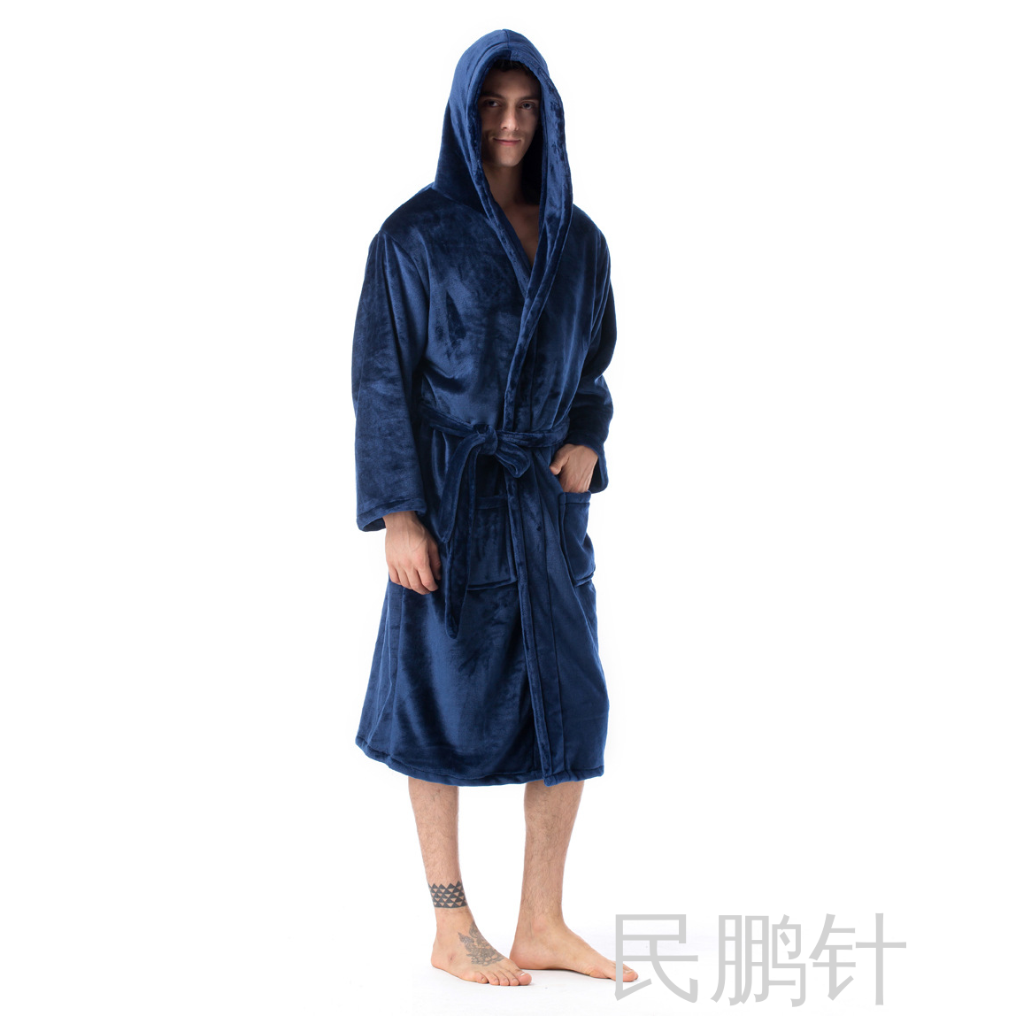 民鹏纯色加厚大码珊瑚绒男女情侣睡袍户外法兰绒连帽浴袍四季睡衣