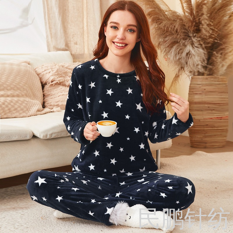 Minpeng franela dibujos animados patrón estampado Señora Pijama traje coral fleece pareja hogar ropa otoño invierno engrosado details Picture