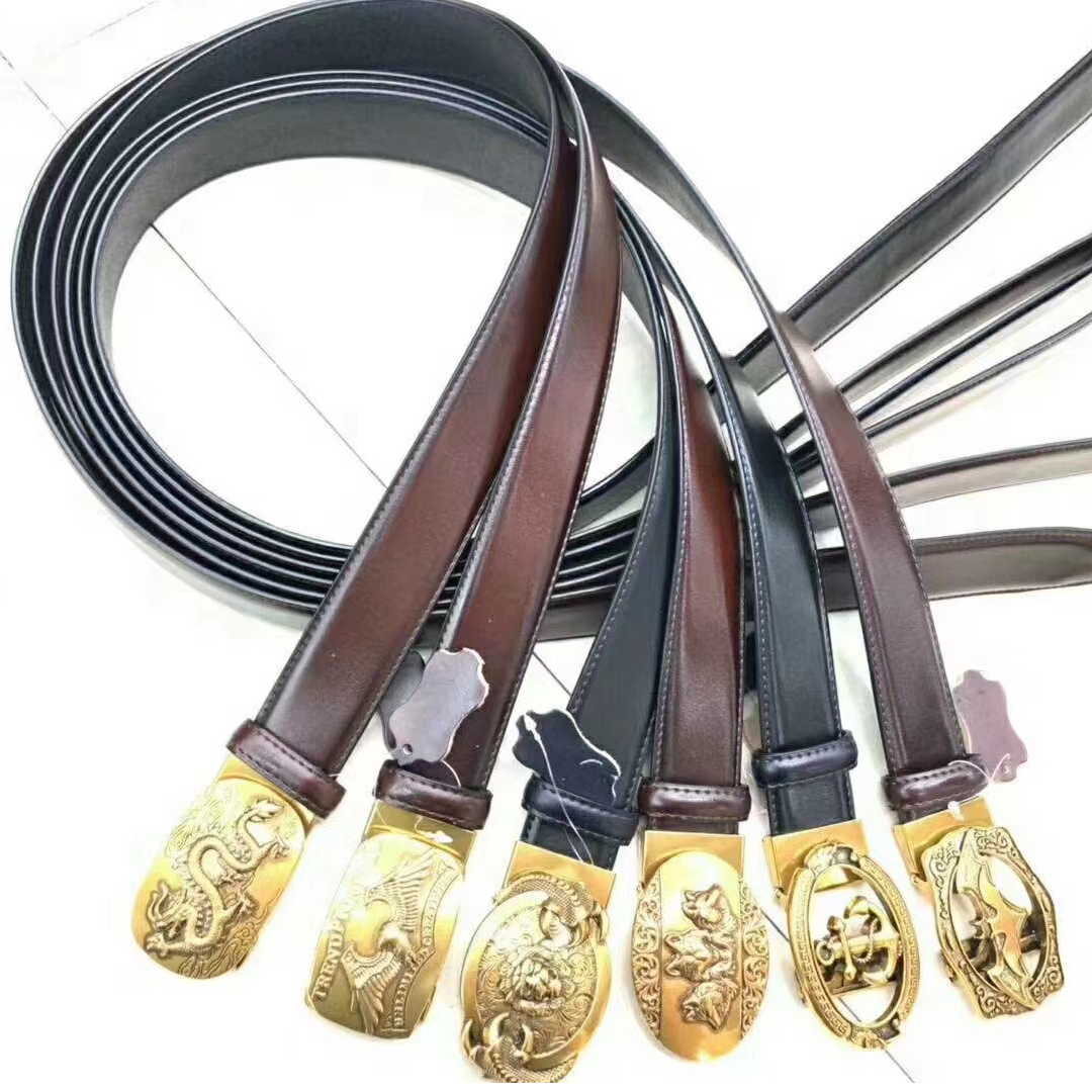 Cuero de vacuno puro cinturón automático cuero de vacuno vintage pisar la línea guangzhou cobre chapado auto hebilla cinturón casual versátil