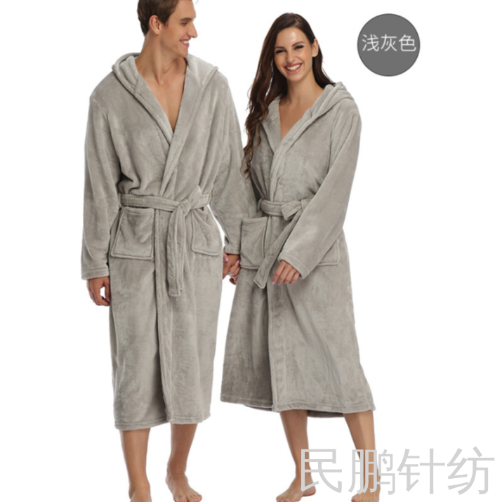 Minpeng 2023 New Autumn and winter thickened coral fleece couple pajamas, men's and women's bathrobes, flannel hooded solid color bathrobes wholesale
