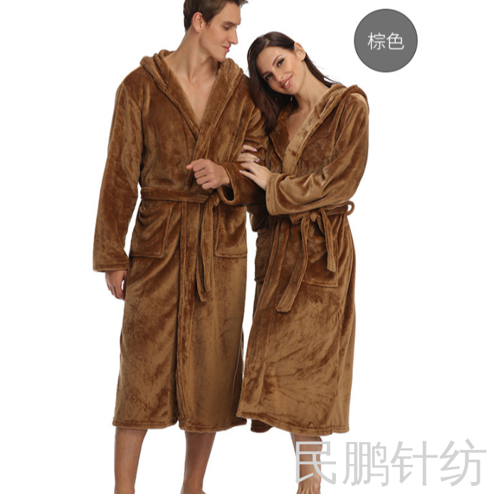Autumn/winter heavy dressing gown coral velvet couple loungewear Flannel solid color with hat large size European bathrobe for men and women