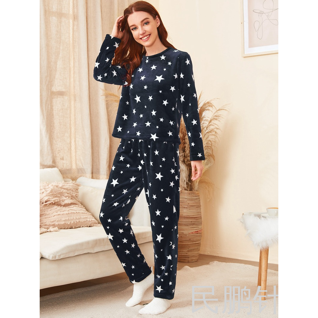 Minpeng Flannel Cartoon Pattern printed Women's pajama Set Coral Fleece couple's Home Wear Autumn and Winter Thickened version