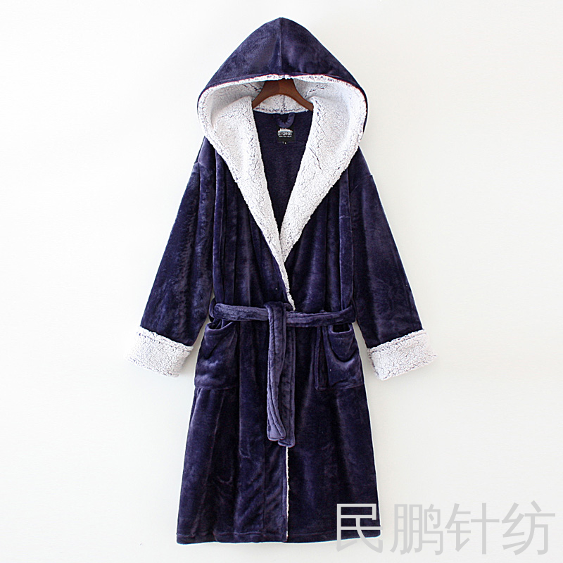 民鹏高档珊瑚绒加厚家居服情侣睡衣睡袍套装女士男士带帽浴袍批发