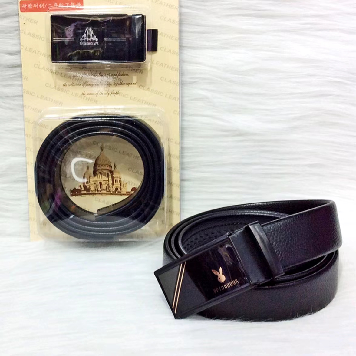 Wholesale of men's PVC automatic belt with edge wrapping in blister box, supermarket live-streaming iron buckle belt Specification image