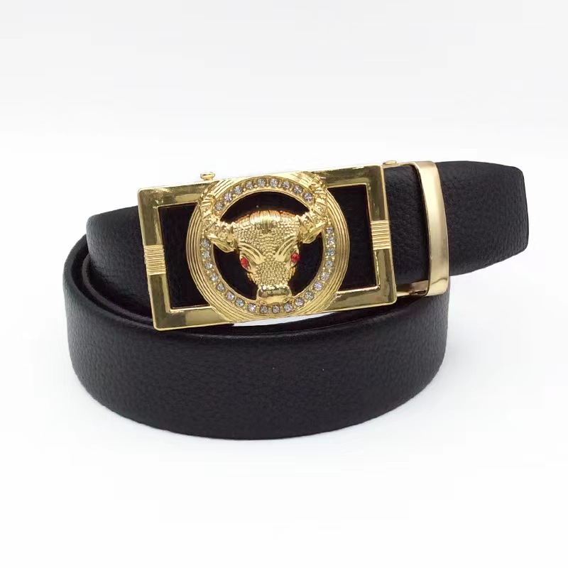 New diamond-encrusted men's bull head automatic buckle belt, PVC-edged automatic belt, live exhibition gift belt details Picture