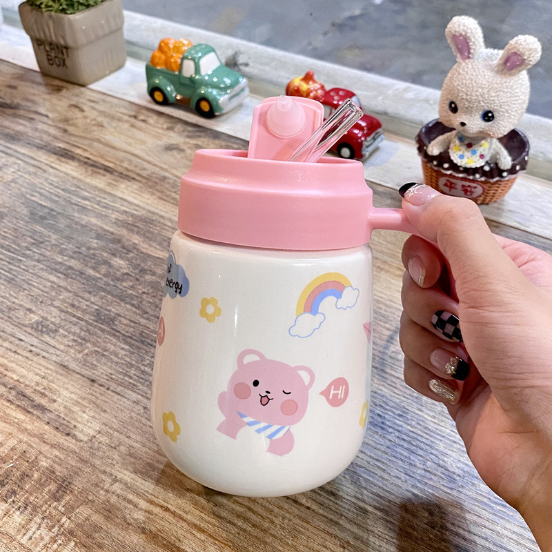 Cute cartoon ceramic mug wholesale straw mug student portable thermos mug office drinking mug