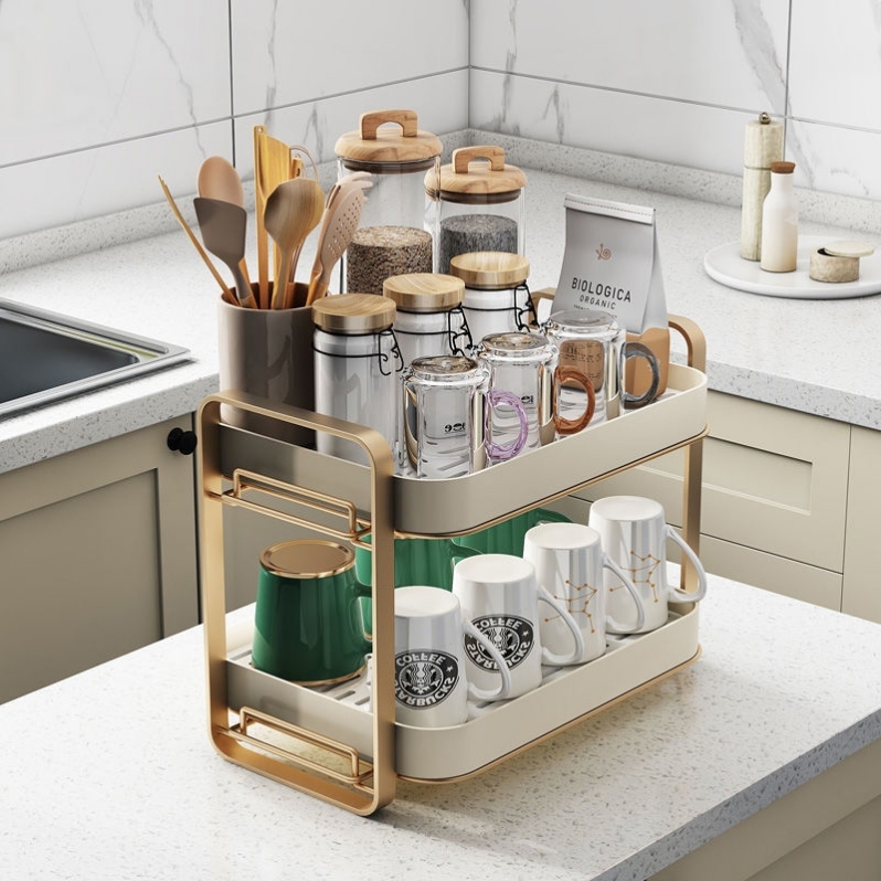 Multi-functional kitchen storage rack, water cup holder, coffee table, double-layer snack storage plate, small household draining tea tray details Picture